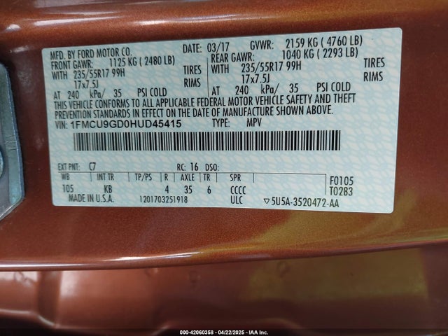 1FMCU9GD0HUD45415 Ford ESCAPE SE