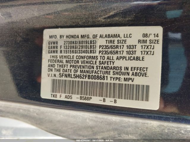 5FNRL5H62FB008681 Honda Odyssey Ex-l