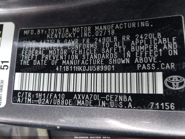 4T1B11HK0JU589901 Toyota CAMRY LE