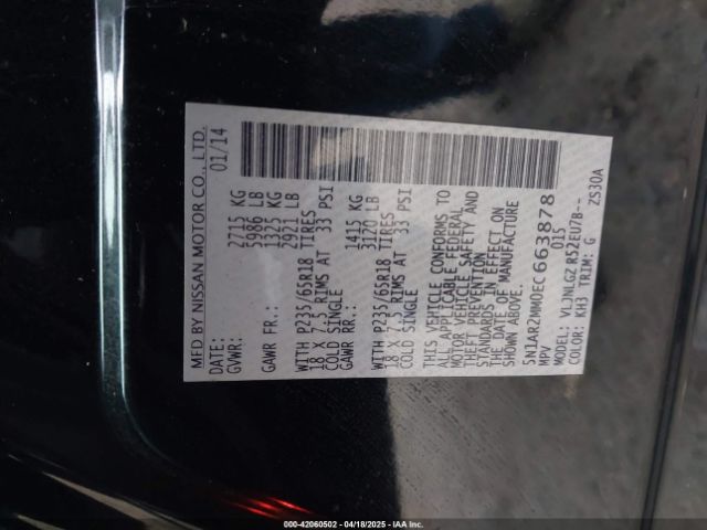 5N1AR2MM0EC663878 Nissan Pathfinder Sl