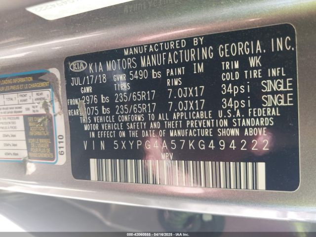 5XYPG4A57KG494222 KIA Sorento 3.3l Lx