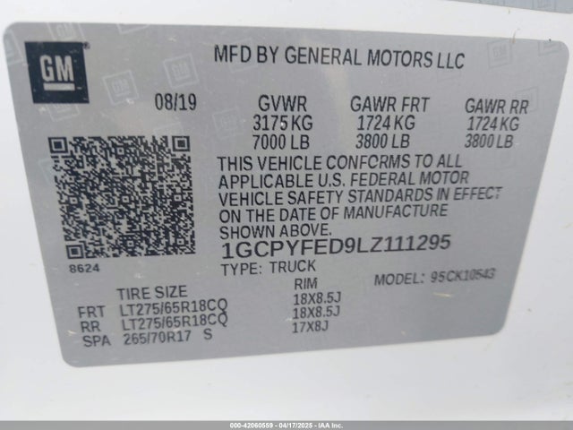 1GCPYFED9LZ111295 Chevrolet l84 - di, dfm, alum, gen 5, var 2