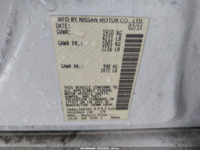 1N4AL3AP3FC275710 Nissan Altima 2.5/2.5 S/2.5 Sl/2.5 Sv