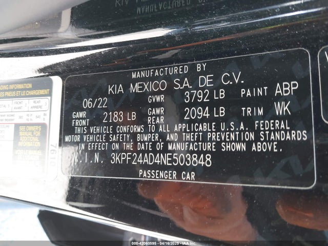 3KPF24AD4NE503848 KIA mpi nu