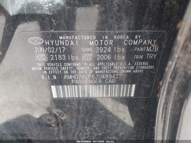 KMHD74LF6JU489417 Hyundai ELANTRA SE