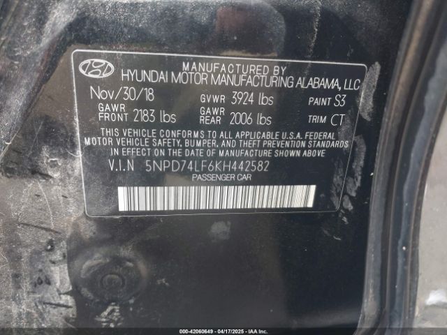 5NPD74LF6KH442582 Hyundai ELANTRA SE