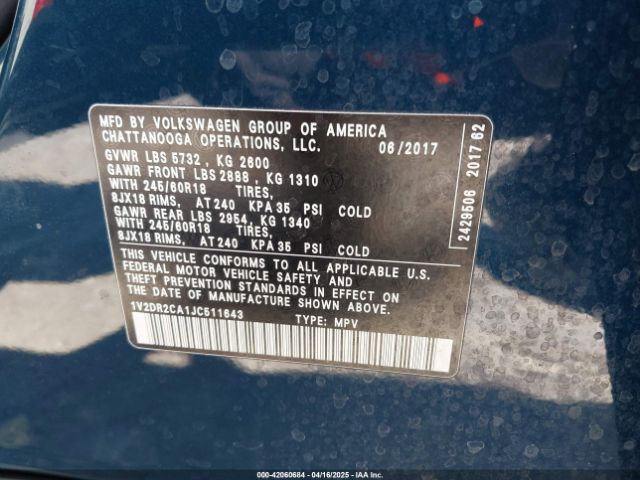 1V2DR2CA1JC511643 Volkswagen Atlas 3.6l V6 Se/3.6l V6 Se W/technology
