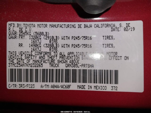 3TMCZ5AN7KM232265 Toyota Tacoma Sr5 V6