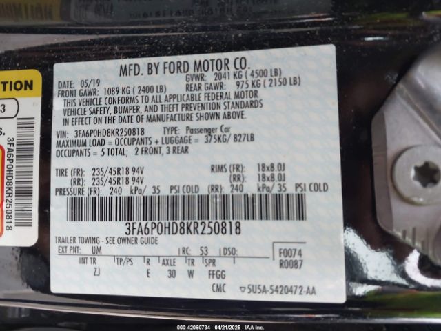 3FA6P0HD8KR250818 Ford FUSION SE