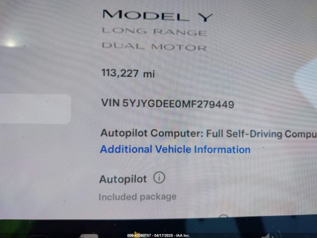 5YJYGDEE0MF279449 Tesla Model Y Long Range Dual Motor All-wheel Drive
