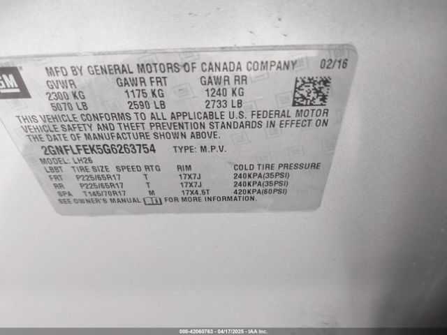 2GNFLFEK5G6263754 Chevrolet EQUINOX LT