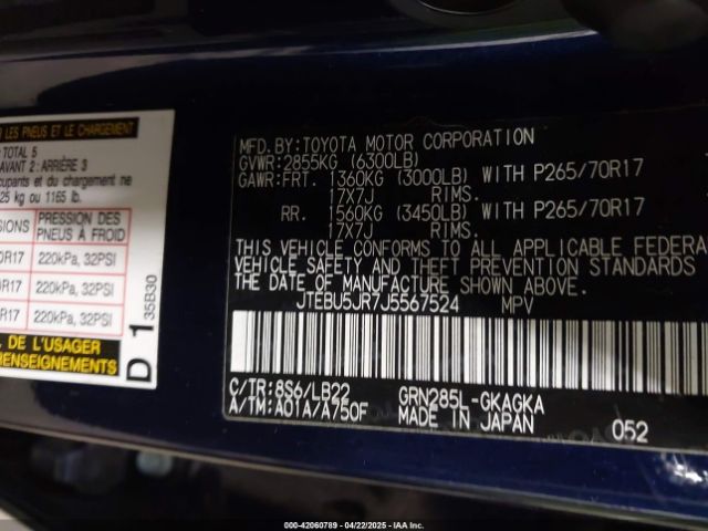 JTEBU5JR7J5567524 Toyota 4runner Sr5 Premium