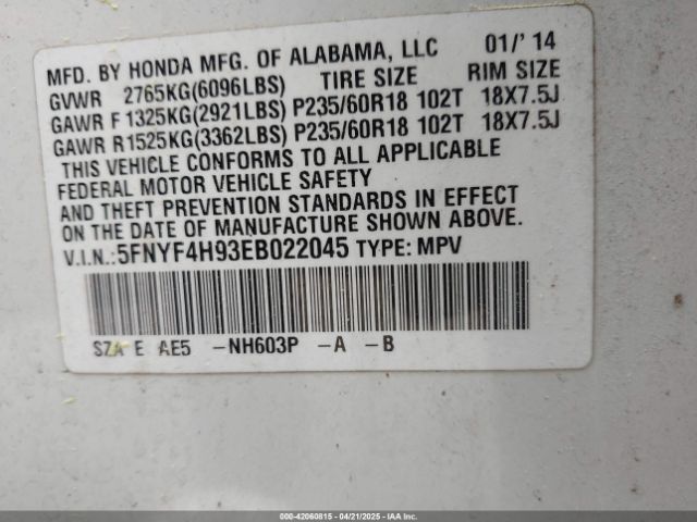 5FNYF4H93EB022045 Honda Pilot Touring