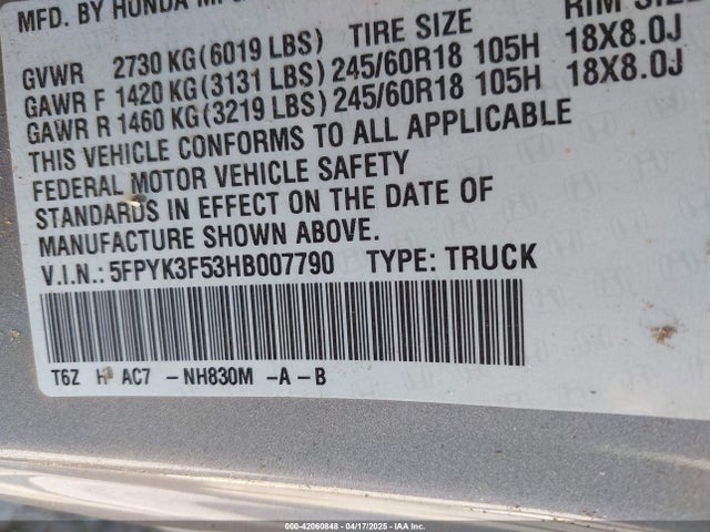 5FPYK3F53HB007790 Honda Ridgeline Rtl