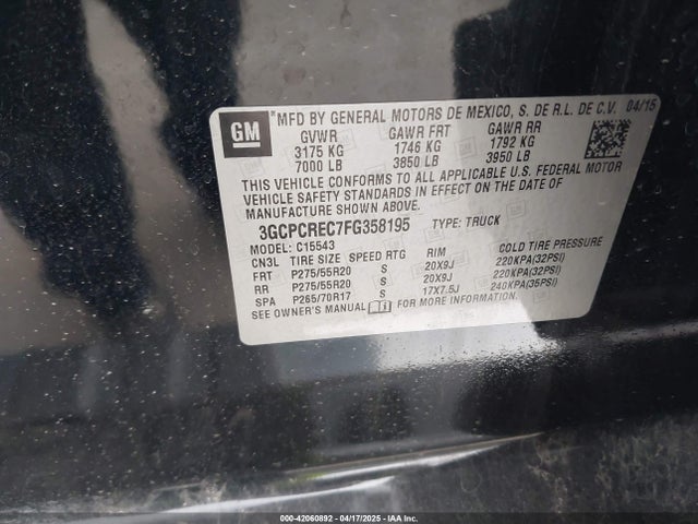 3GCPCREC7FG358195 Chevrolet Silverado 1500 1lt