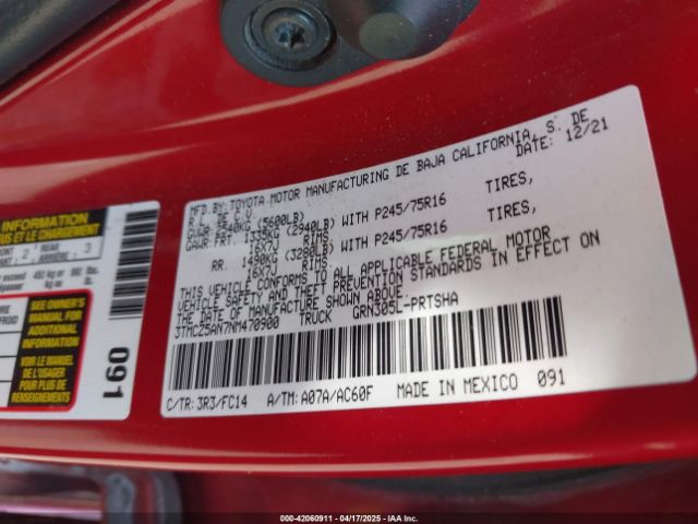 3TMCZ5AN7NM470900 Toyota Tacoma Sr5 V6