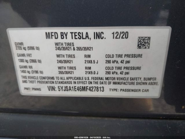 5YJSA1E46MF427813 Tesla Model S Performance Dual Motor All-wheel Drive