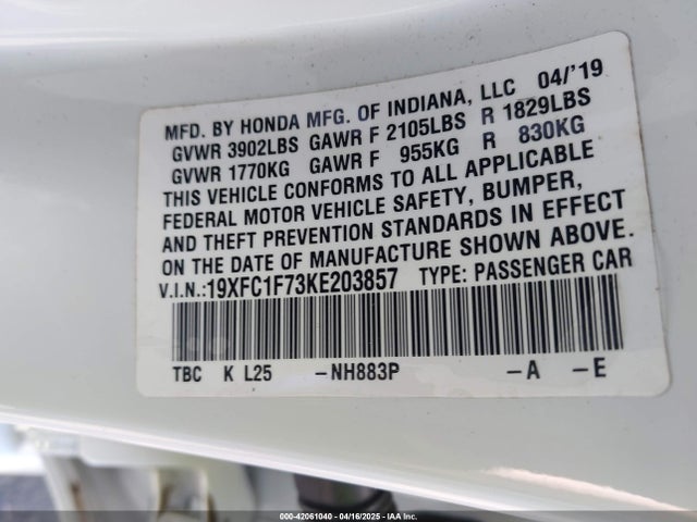 Honda l15b7/l15by 2019 19XFC1F73KE203857 Image 9