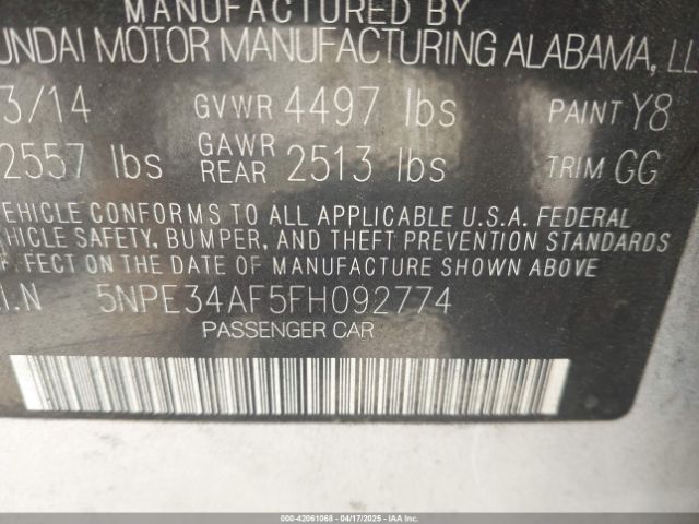 5NPE34AF5FH092774 Hyundai Sonata Limited