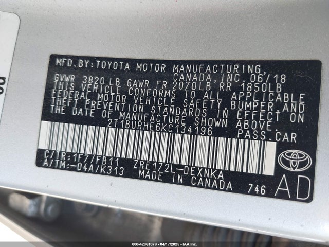 2T1BURHE6KC134196 Toyota COROLLA LE