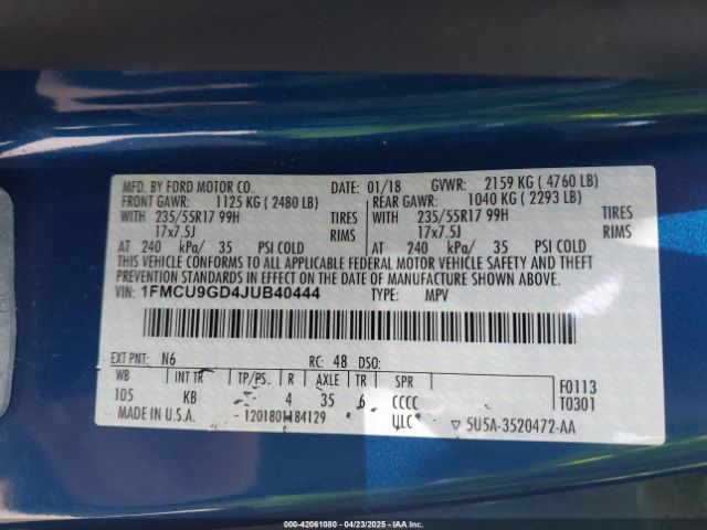 1FMCU9GD4JUB40444 Ford ESCAPE SE