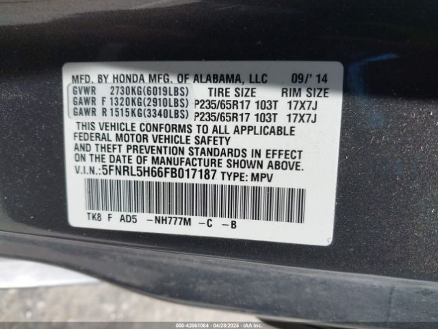 5FNRL5H66FB017187 Honda Odyssey Ex-l