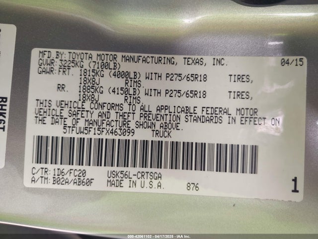5TFUW5F15FX463099 Toyota Tundra Sr5 5.7l V8