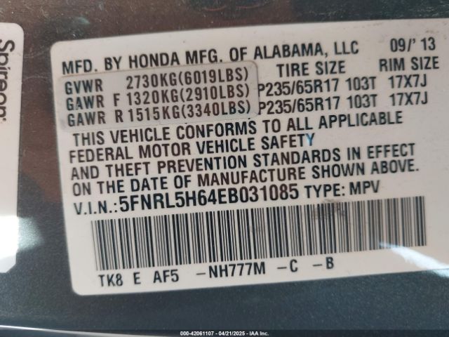 5FNRL5H64EB031085 Honda Odyssey Ex-l