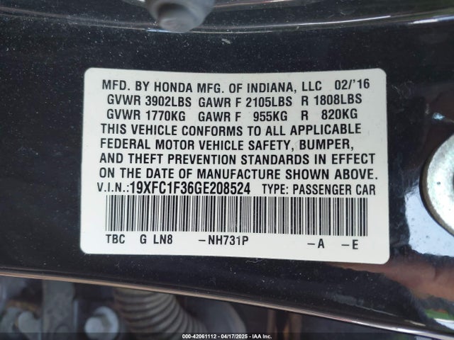 19XFC1F36GE208524 Honda Civic Ex-t
