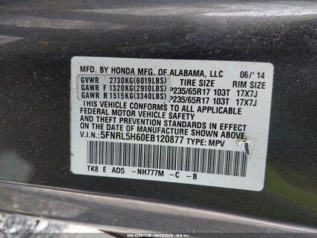 5FNRL5H60EB120877 Honda Odyssey Ex-l