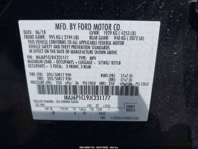 MAJ6P1CL9JC231177 Ford Ecosport Ses