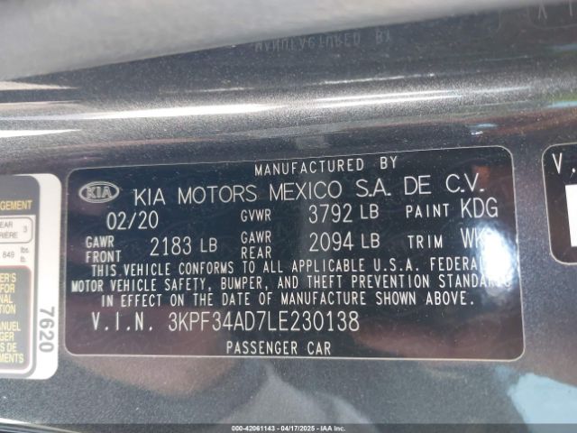 3KPF34AD7LE230138 KIA Forte Gt-line