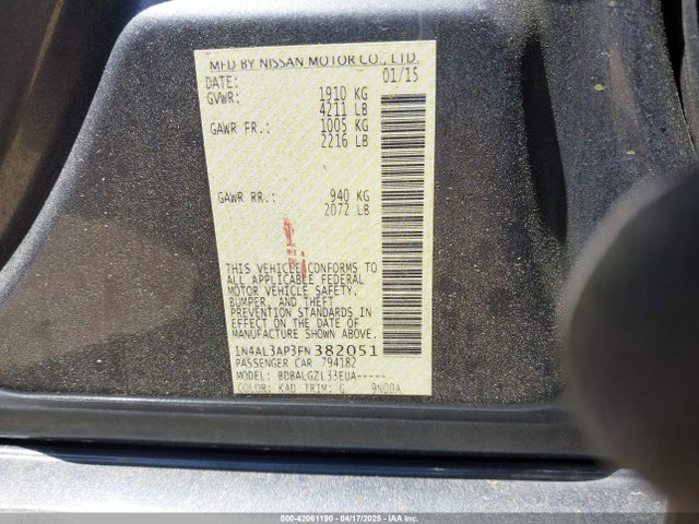 1N4AL3AP3FN382051 Nissan Altima 2.5/2.5 S/2.5 Sl/2.5 Sv