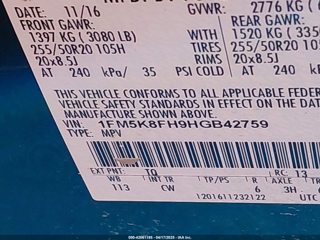 1FM5K8FH9HGB42759 Ford Explorer Limited