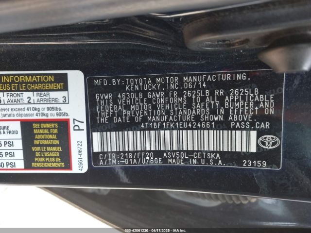 4T1BF1FK1EU424661 Toyota CAMRY SE