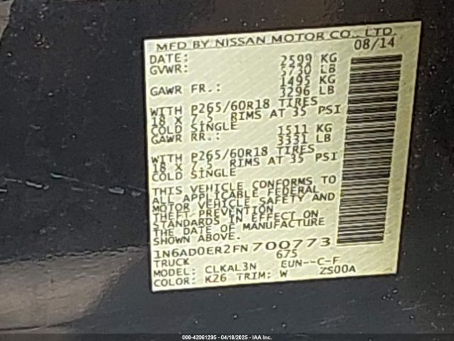 1N6AD0ER2FN700773 Nissan Frontier Desert Runner/s/sl/sv