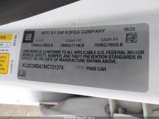 KL8CD6SA7MC721374 Chevrolet Spark Fwd 1lt Automatic