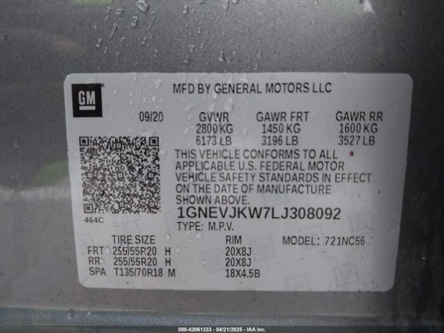 1GNEVJKW7LJ308092 Chevrolet Traverse Awd Rs