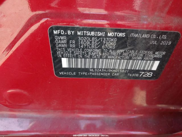 ML32A3HJ9KH015821 Mitsubishi MIRAGE ES