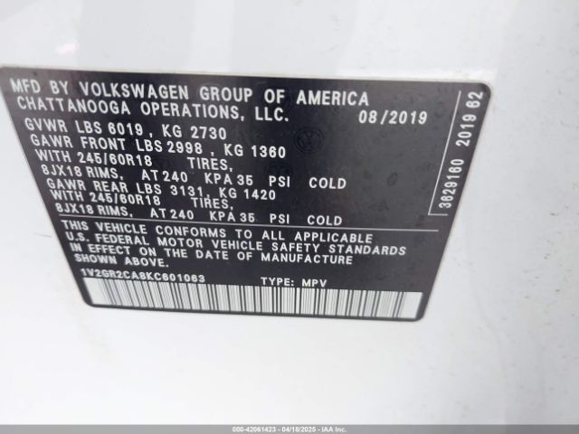 1V2GR2CA8KC601063 Volkswagen Atlas 3.6l V6 S