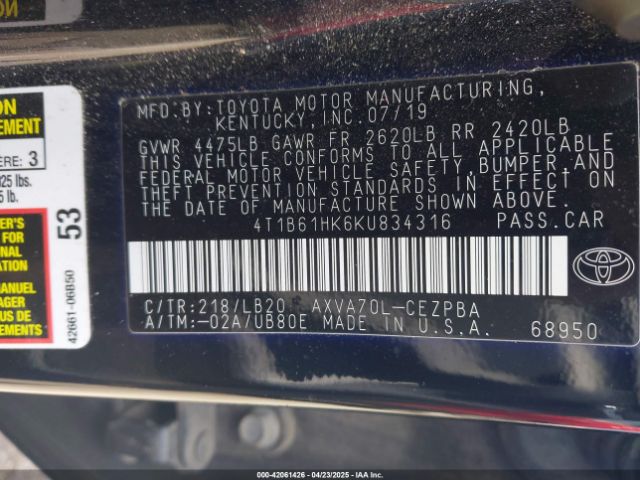 2019 TOYOTA CAMRY 4T1B61HK6KU834316 Photo 8