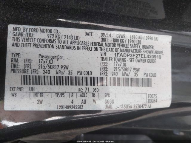 1FADP3F27EL420910 Ford FOCUS SE