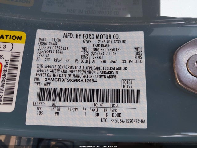 3FMCR9F9XMRA12994 Ford Bronco Sport First Edition