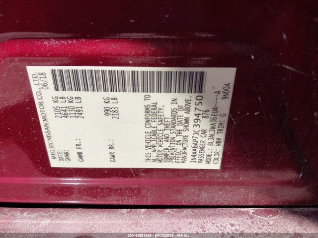 1N4AA6AP7JC394750 Nissan Maxima 3.5 Sv