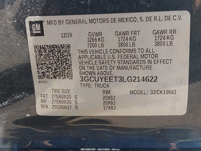 3GCUYEET3LG214622 Chevrolet Silverado 1500 4wd  Short Bed Rst