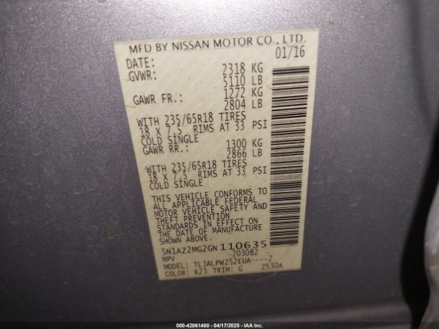 5N1AZ2MG2GN110635 Nissan Murano Platinum/s/sl/sv