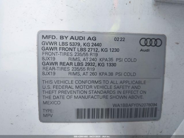 2022 AUDI Q5 WA1BBAFY0N2078094 Photo 8