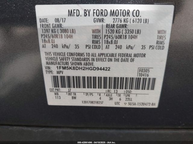 2017 FORD EXPLORER 1FM5K8DH2HGD94422 Photo 8
