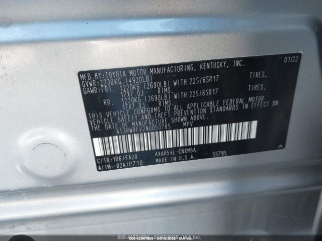 4T3RWRFV2NU050785 Toyota Rav4 Hybrid Xle