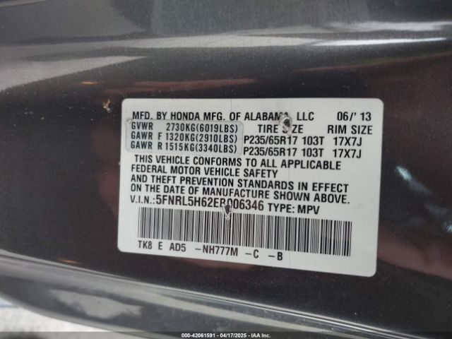5FNRL5H62EB006346 Honda Odyssey Ex-l
